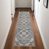 8' Ivory Black and Gray Floral Medallion Non Skid Runner Rug