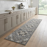 8' Ivory Black and Gray Floral Medallion Non Skid Runner Rug