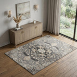 4' X 6' Gray and Black Floral Medallion Non Skid Area Rug