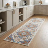 8' Ivory Tan and Blue Floral Medallion Non Skid Runner Rug