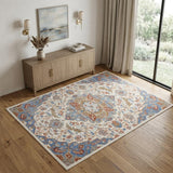 4' X 6' Ivory Tan and Blue Floral Medallion Non Skid Area Rug