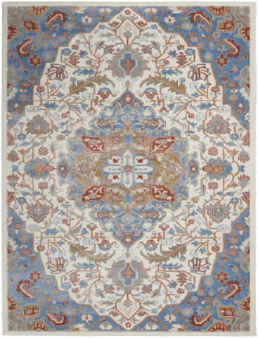 4' X 6' Ivory Tan and Blue Floral Medallion Non Skid Area Rug