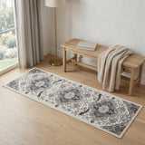 6' Ivory Black and Gray Floral Medallion Non Skid Runner Rug