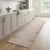 8' Ivory and Brown Damask Distressed Non Skid Runner Rug