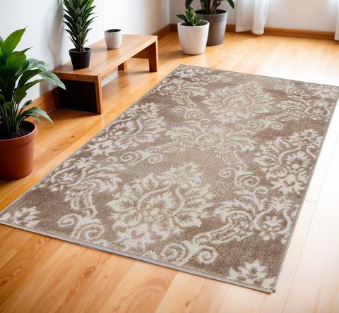 4' X 6' Ivory and Brown Damask Distressed Non Skid Area Rug