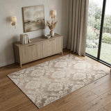 4' X 6' Ivory and Brown Damask Distressed Non Skid Area Rug