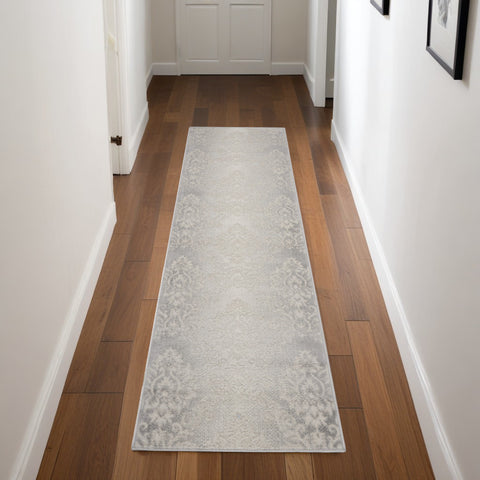8' Gray and Ivory Damask Distressed Non Skid Runner Rug