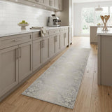 8' Gray and Ivory Damask Distressed Non Skid Runner Rug
