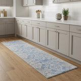 8' Blue and Ivory Damask Distressed Non Skid Runner Rug