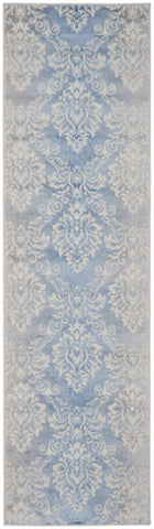 8' Blue and Ivory Damask Distressed Non Skid Runner Rug