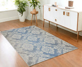 4' X 6' Blue and Ivory Damask Distressed Non Skid Area Rug