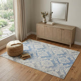 4' X 6' Blue and Ivory Damask Distressed Non Skid Area Rug