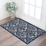 2' X 4' Navy Blue and Ivory Damask Distressed Area Rug