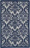 2' X 4' Navy Blue and Ivory Damask Distressed Area Rug