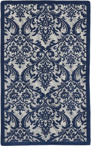 2' X 4' Navy Blue and Ivory Damask Distressed Area Rug