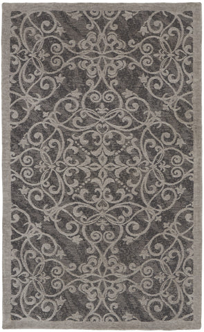 2' X 4' Charcoal and Gray Damask Distressed Area Rug