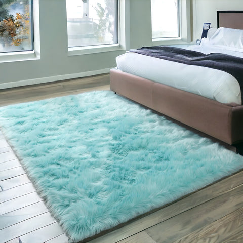 5' X 7' Turquoise Faux Sheepskin Shag Washable Area Rug