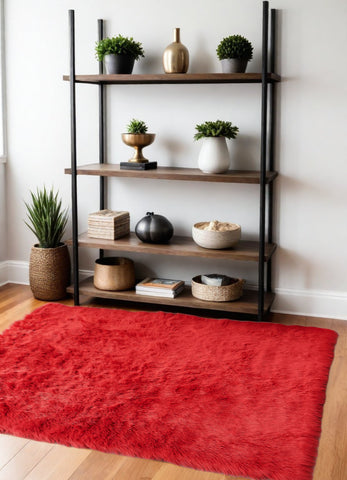 4' X 6' Red Faux Sheepskin Shag Washable Area Rug