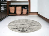 4' Silver Gray And Off White Abstract Washable Round Rug