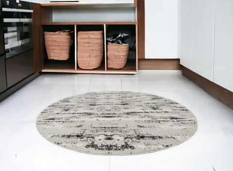 4' Silver Gray And Off White Abstract Washable Round Rug