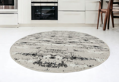 7' Silver Gray And Off White Abstract Washable Round Rug