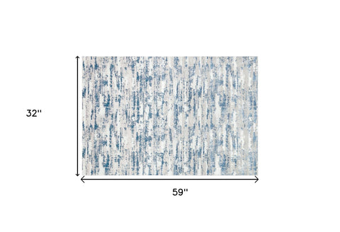 3' X 5' Navy Blue Gray And Off White Abstract Washable Area Rug
