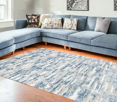 10' Blue And Ivory Abstract Washable Runner Rug