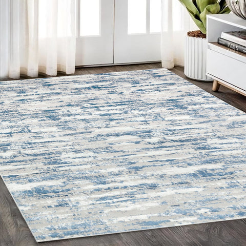 4' X 6' Navy Blue Gray And Off White Abstract Washable Area Rug