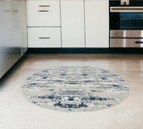 4' Navy Blue Gray And Off White Abstract Washable Round Rug