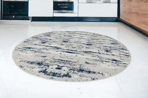 7' Navy Blue Gray And Off White Abstract Washable Round Rug