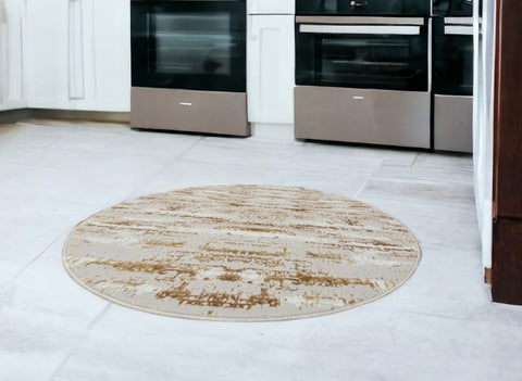 4' Beige Ivory And Off White Abstract Washable Round Rug