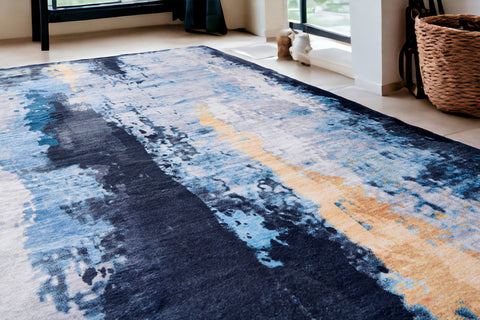 5' X 7' Blue and Yellow Abstract Printed Washable Non Skid Area Rug
