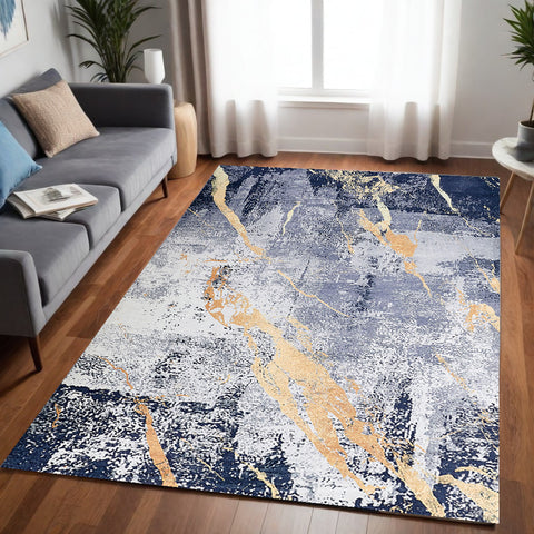 5' X 7' Blue and Yellow Abstract Shag Printed Washable Non Skid Area Rug