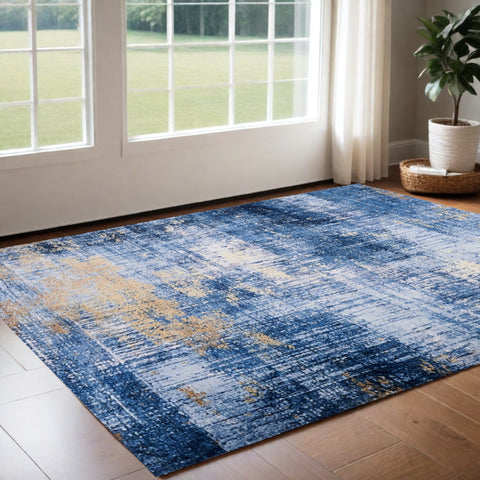 3' X 5' Blue and Gold Abstract Washable Non Skid Area Rug