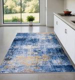 4' X 6' Blue and Gold Abstract Washable Non Skid Area Rug
