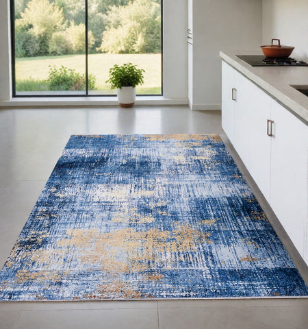 4' X 6' Blue and Gold Abstract Washable Non Skid Area Rug