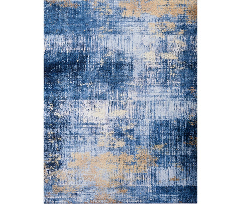 5' X 7' Blue And Gold Abstract Shag Washable Area Rug