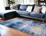 8' X 11' Blue and Gold Abstract Printed Washable Non Skid Area Rug