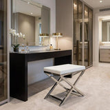 21" White and Silver Faux Leather and Metal Vanity Chair