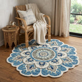 5' Blue and Ivory Round Wool Floral Hand Tufted Area Rug