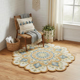 4' Orange and Blue Round Wool Floral Hand Tufted Area Rug