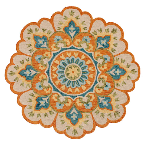 6' Orange and Blue Round Wool Floral Hand Tufted Area Rug