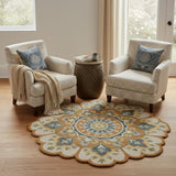 6' Orange and Blue Round Wool Floral Hand Tufted Area Rug