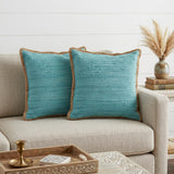 Set of Two 20" Turquoise Cotton And Jute Throw Pillows with Texture