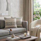 Set of Two Beige Striped Cotton Throw Pillow With Fringe