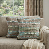 Set of Two 18" Beige Blue and Green Striped Cotton Blend Throw Pillows