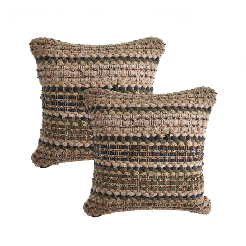 Set of Two 18" Brown and Dark Green Striped Cotton Blend Throw Pillows with Texture