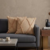 Set of Two Tan Diamond Cotton Throw Pillow With Fringe