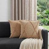 Set of Two Tan Diamond Cotton Throw Pillow With Fringe