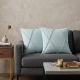 Set of Two Blue Diamond Cotton Throw Pillow With Fringe